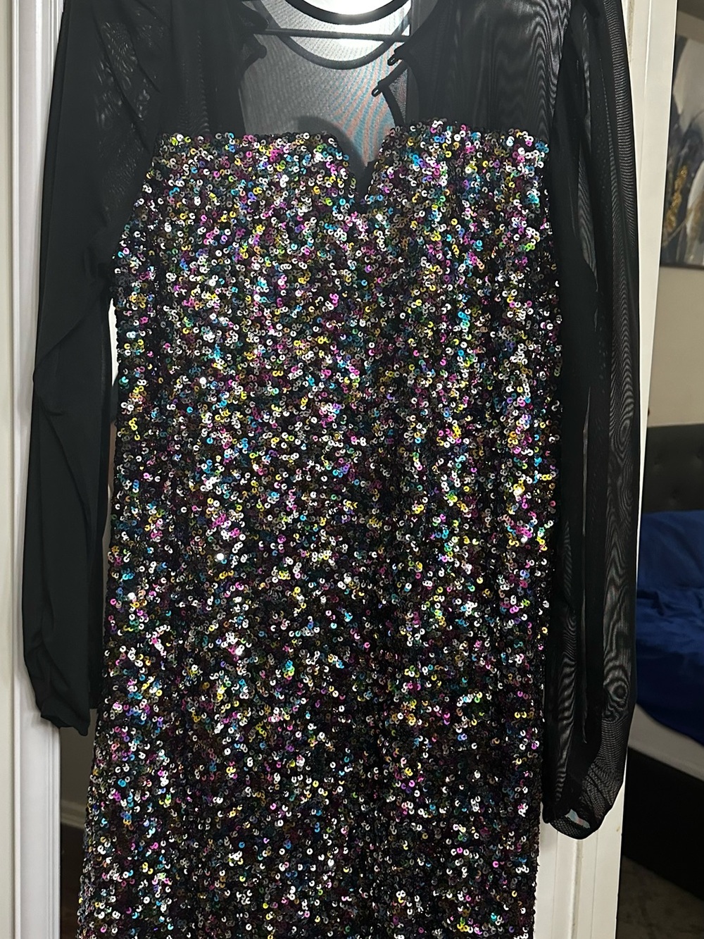 SO Black Mesh Long Sleeve Multicolor Sequin Dress